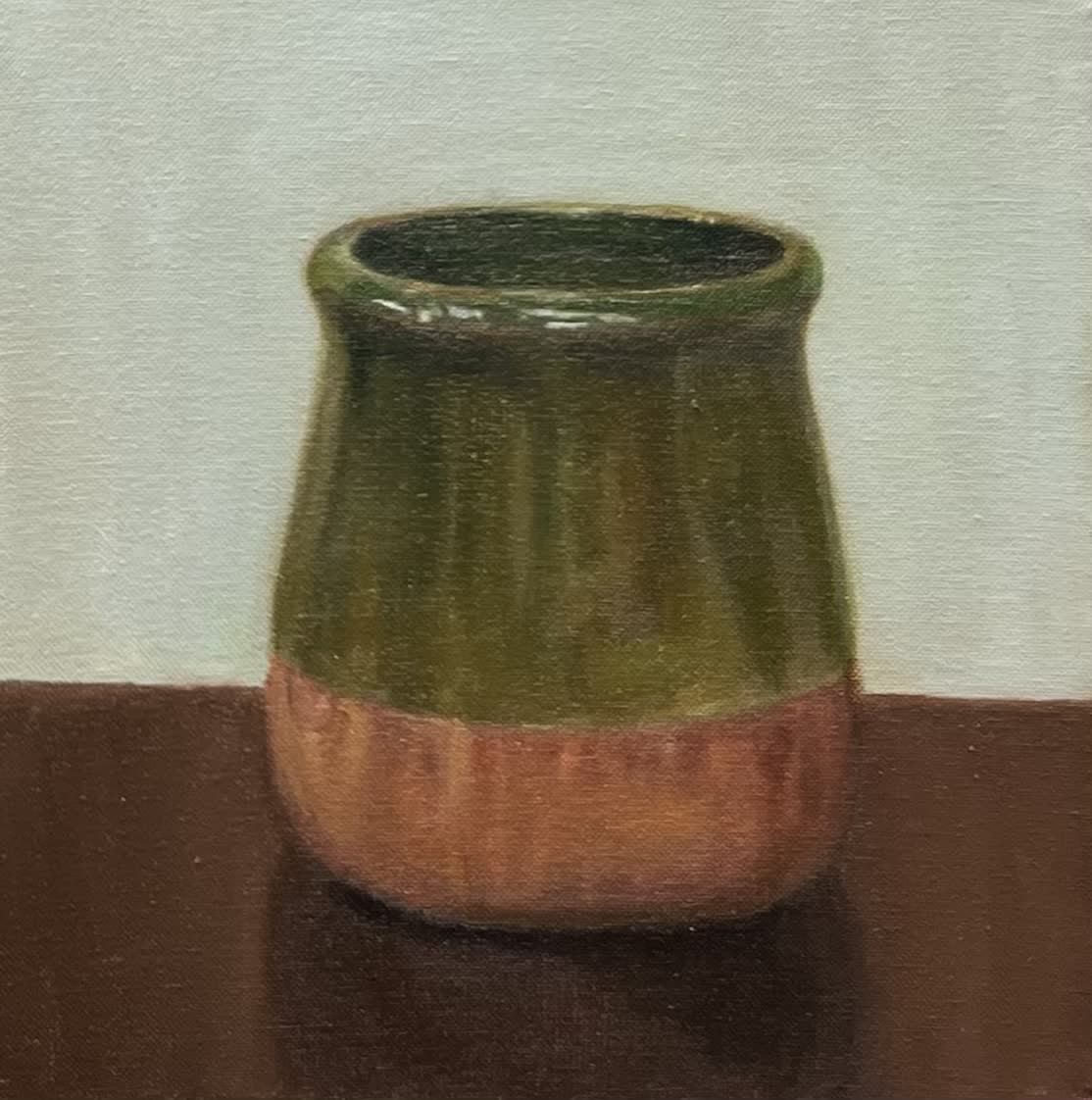 Oil study of a green and terracotta glazed ceramic pot