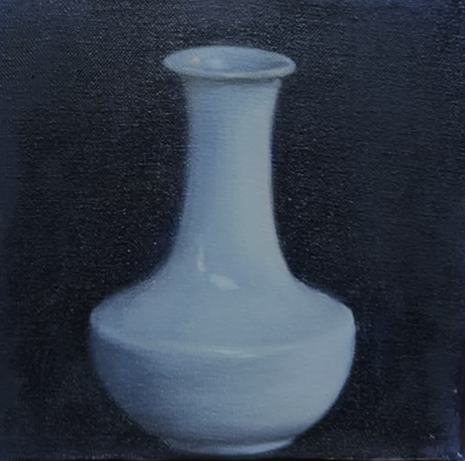 Oil study of a pale blue ceramic vase against a dark ground
