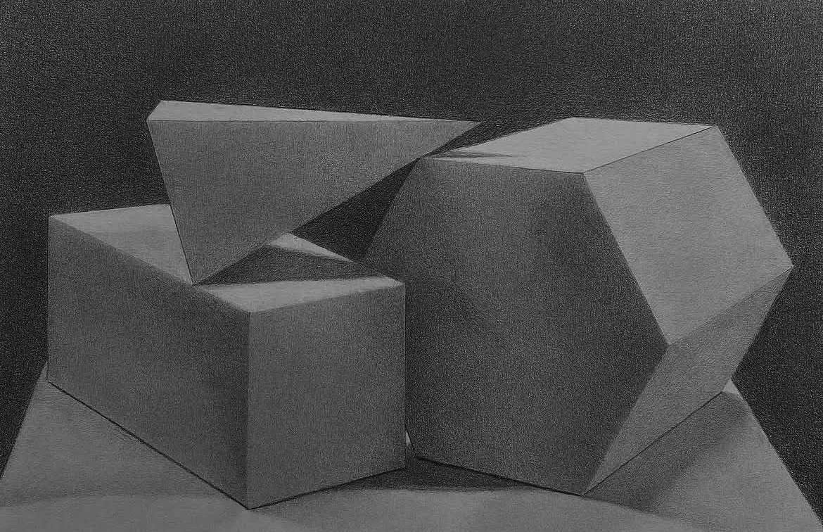 Pencil tonal study of intersecting geometric forms