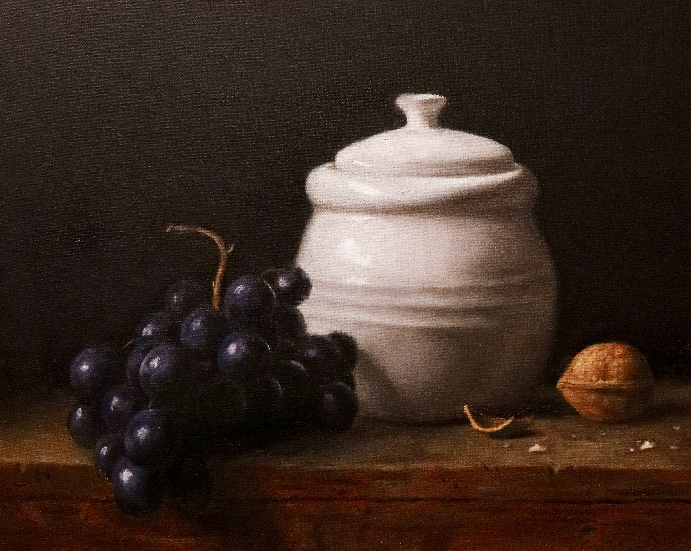 Oil master study with grapes, a pale ceramic vessel, and a walnut