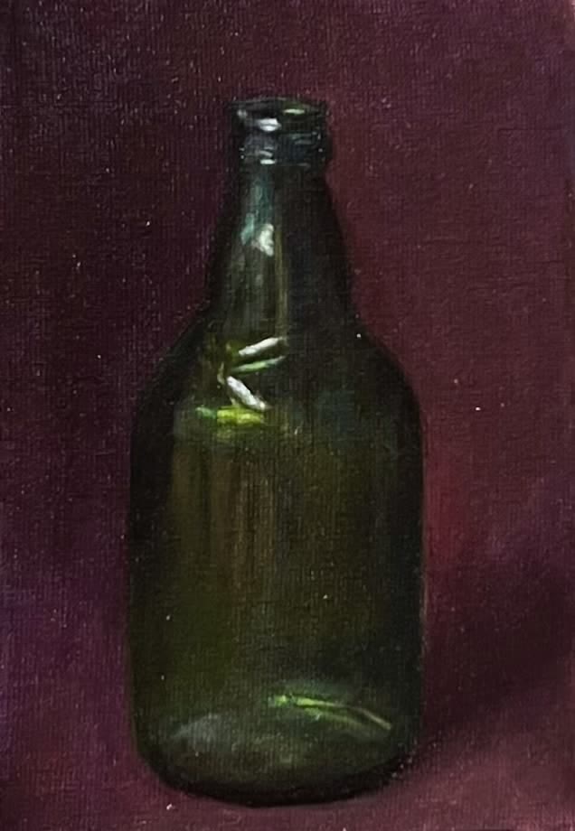 Oil study of a dark green glass bottle against a plum ground