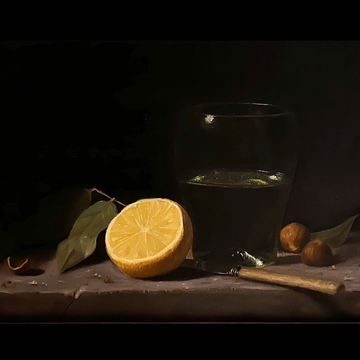 Oil master study with a cut lemon, glass, leaves, fruit, and paintbrush
