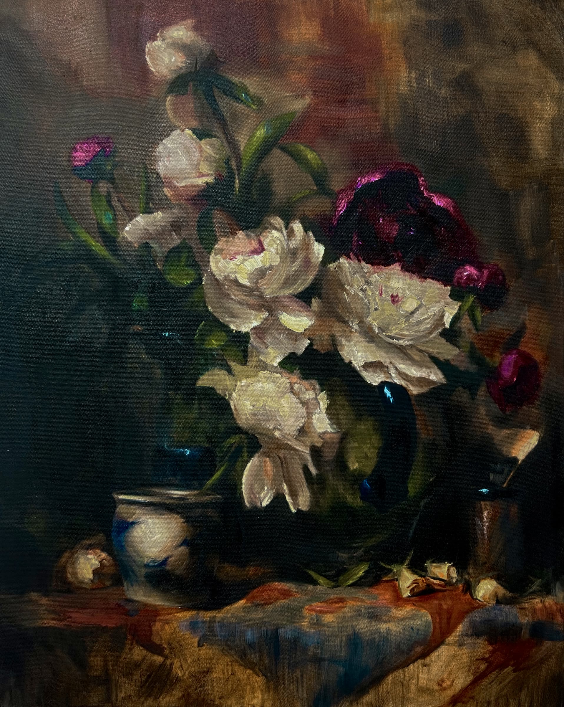 Oil master study of pale and burgundy flowers arranged in vessels