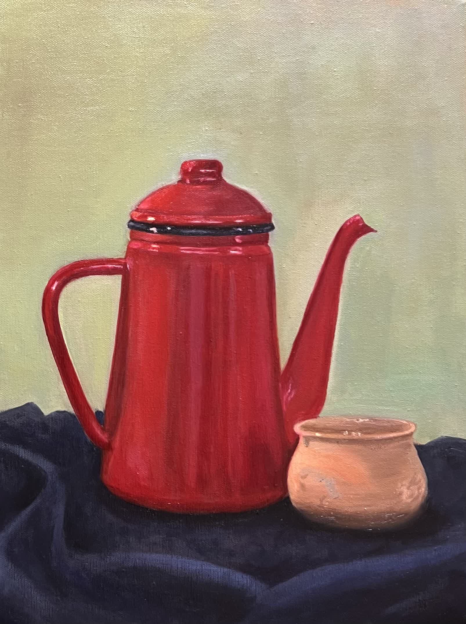 Oil still life of a red coffee pot and a small ceramic vessel